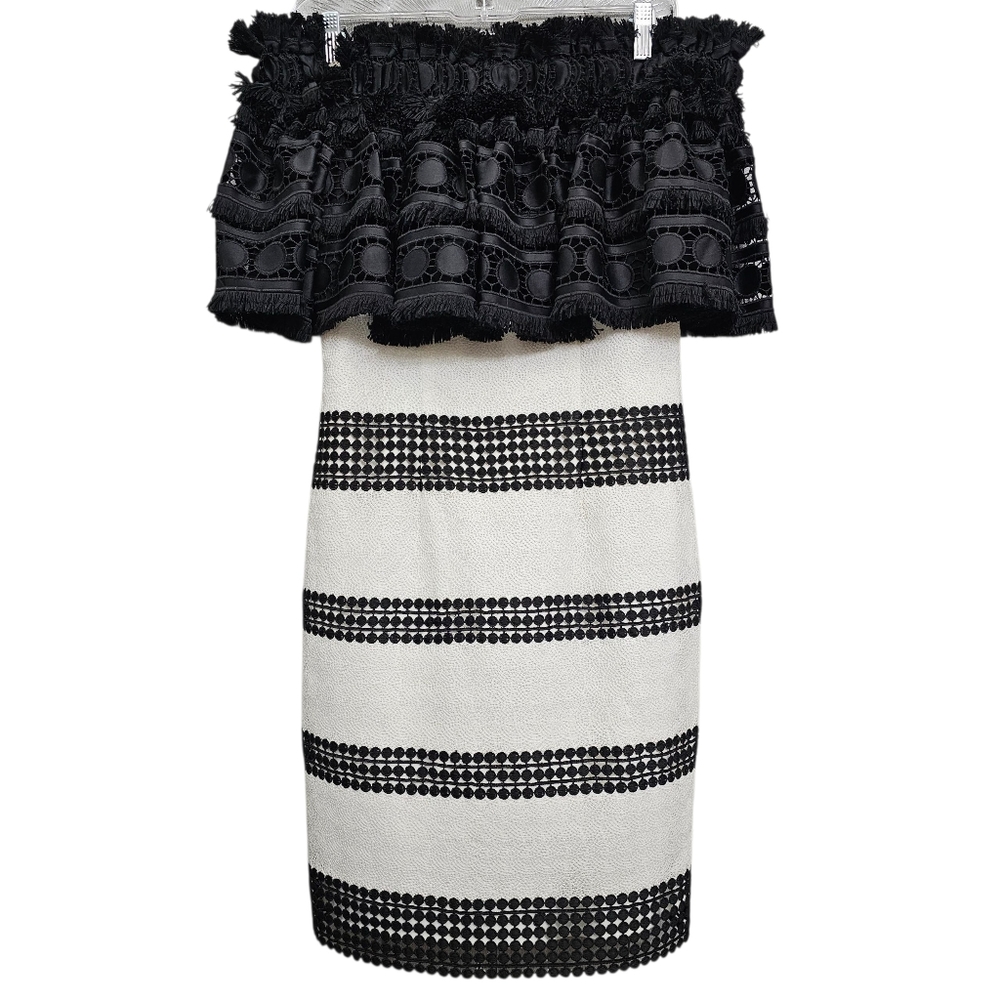 Nwot Badgley Mischka Black/White Off Shoulder Fringed Shortsleeve Ruffle Dress - Picture 16 of 17